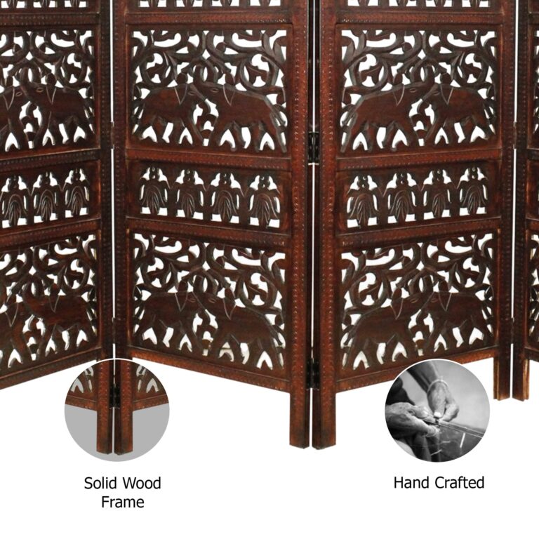 Room Divider Wood Screen - Elephant Hathi Walnut Brown - 4 Panel Fording 72x80 - Intricate Carved Room Décor Boho Portable Partition Privacy Screen Small Spaces Reversible Freestanding - COTTON CRAFT - Image 3