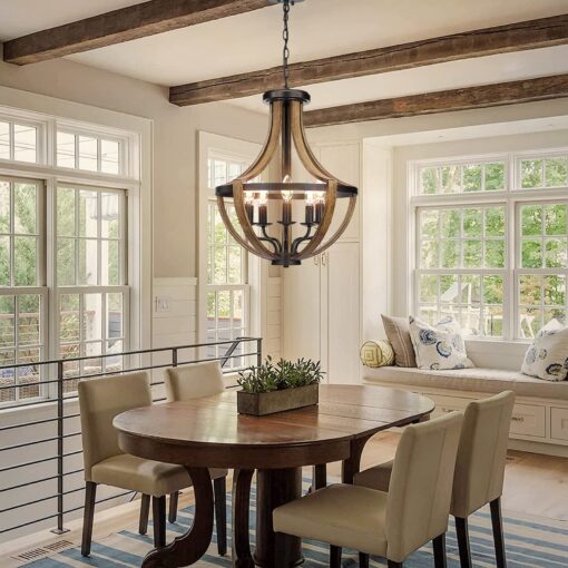 17.7" Modern Farmhouse Geometric Chandelier Light Fixture, 5-Light Adjustable Height Rustic Hanging Pendant Lighting for Dining Room Foyer Kitchen Island, ‎Retro Wood Texture and Black Finish - Image 8