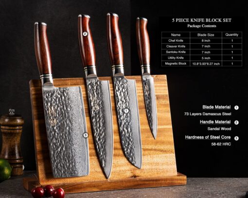 YARENH Cleaver Knife Set with Magnetic Block, Damascus Stainless Steel,73 Layers, 5 Piece Professional Sharp Kitchen Knife Set for Chef, Full Tang, Sandalwood Wood Handle - Image 9