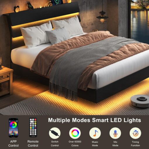 Feonase Floating Bed Frame Full with Led Lights and Charging Station, Wood Full Size Bed Frame with Storage Headboard, Heavy Duty Metal Slats, No Box Spring Needed, Easy Assembly, Noise-Free, Black - Image 7