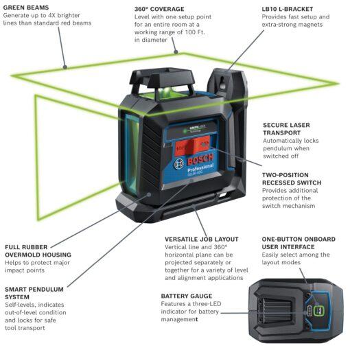 BOSCH GLL50-40G Green-Beam Self-Leveling 360 Degree Cross-Line Laser, Includes 4 AA Batteries, L-Bracket, Ceiling Clip, & Hard Carrying Case - Image 10