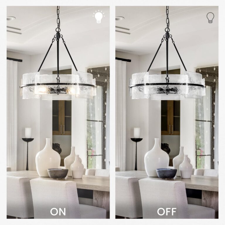 Modern Dining Room Chandelier 22” Black Textured Glass Chandelier Luxury Drum Crystal Light Fixture Farmhouse Round Hanging Lighting for Dining Room Kitchen Island Living Room Hallway Bedroom - Image 6