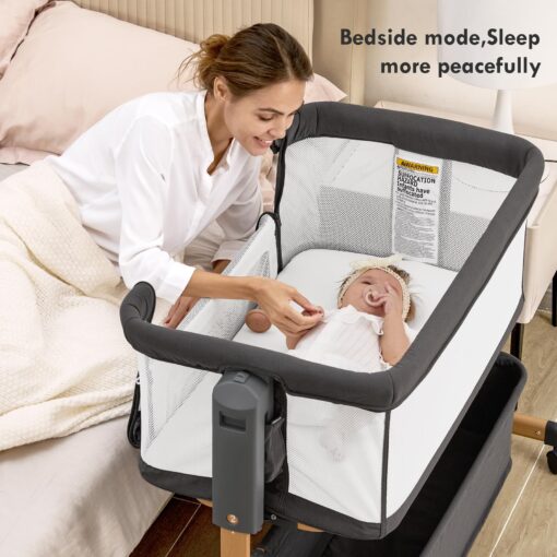 Baby Bassinet with Wheels, Bedside Bassinets for Baby, 3 in 1 Rocking Bassinet Bedside Sleeper Mesh & Mattress, Height Adjustable Bed Side Bassinet, Cosleeping Bedside Crib (Black) - Image 7