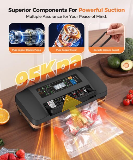 95kpa Vacuum Sealer Machine,Commercial Full Automatic Food Sealer,Powerful Sealing System with Double Heat Seal,Bags Storage, Easy-Lock Handle,Build-in Cutter,1 Bag Rolls and 10 pcs Pre-cut Bags - Image 7