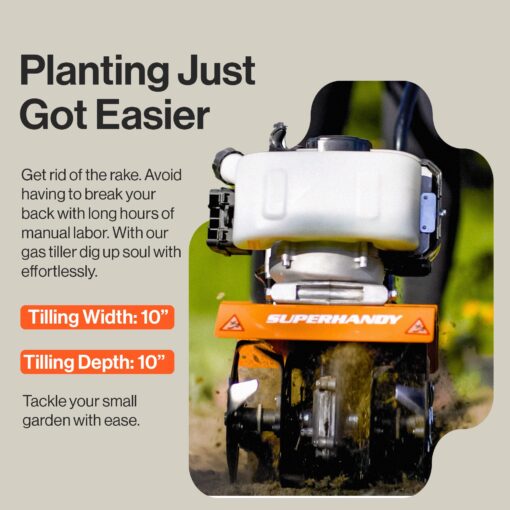SuperHandy 52cc 2 Stroke Gas Mini Tiller Cultivator - 1.8HP, 4 Adjustable Steel Tines, Forward Rotation, 10" Tilling Width - Ideal for Garden, Lawn, Soil Cultivation, Weed & Digging - Image 7