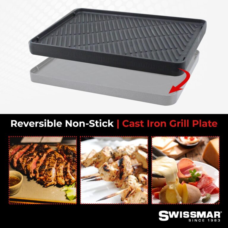 Swissmar Classic 8-Person Raclette Party Grill with Reversible Cast Iron Grill Plate/Crepe Top, Indoor Electric Raclette Grill & Griller - Red - Image 4