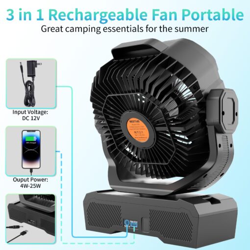 WESTTREE Battery Powered Fan Powerful Airflow Battery Operated Air Circulator Fan for Bedroom,Quiet & 360°Auto Oscillating Rechargeable Camping Fans with LED Light (RGBW) X66 Black - Image 5