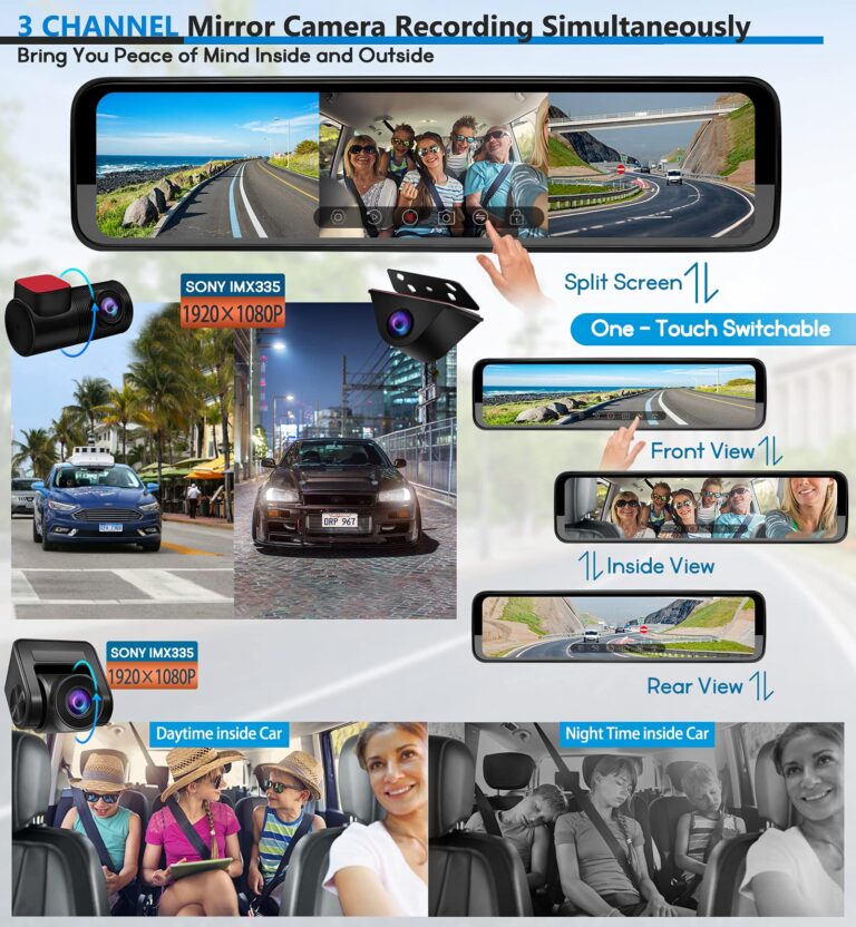 PORMIDO Triple Mirror Dash Cam 12" with Detached Front and in-Car Camera,Waterproof Backup Rear View Dashcam Anti Glare 1296P IPS Touch Screen with Sony Sensor,Starvis Night Vision,GPS,Parking Assist - Image 8