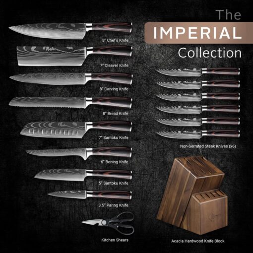 SENKEN 16-Piece Acacia Wood Knife Block Set with Laser Damascus Pattern - Includes Steak Knives, Kitchen Shears, Chef's Knife, Santoku, Cleaver & More - Image 7