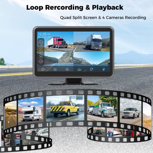 Losuudy 4 Channel Backup Camera Dash Cam System for Trucks, RVs, Trailers, Carplay & Android Auto, 10'' Touch Screen Monitor, 4 HD1080P Wired Rearview Reverse Cameras with Night Vision, IP68-rated. - Image 3