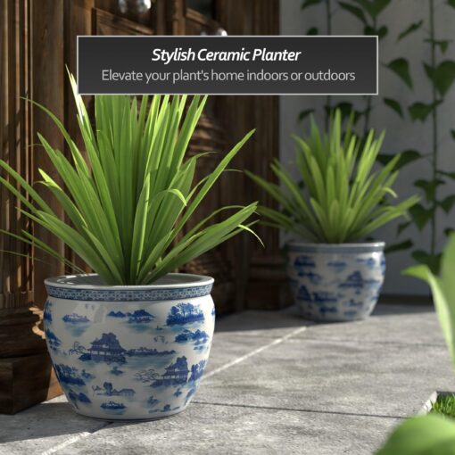 Red Lantern 14" Landscape Blue & White Porcelain Fishbowl Planter or Cachepot for Indoor/Outdoor Use in Garden Entryway Living Room Boho Eclectic Modern Contemporary Classic Traditional Style Decor - Image 6