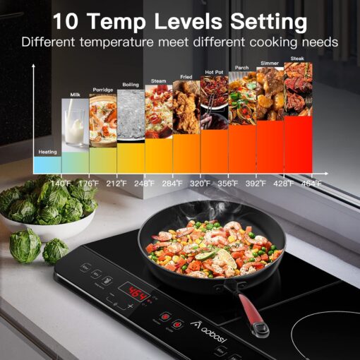 Aobosi Double Induction Cooktop Burner with 240 Mins Timer, 1800w 2 Induction Burner with 10 Temperature 9 Power Settings, Portable Dual Induction Cooker Cooktop with Touch Sensor Control & Child Safety Lock - Image 9