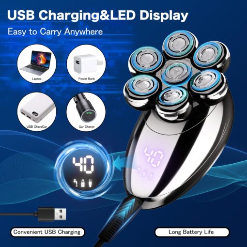 Head Shavers for Bald Men, Electric Razor, IPX8 Waterproof Dry/Wet Bald Head Shaver with 10000 RPM High-Speed Motor, Rechargeable Head Razor with LED Display, USB-C Cable, Perfect for Home & Travel - Image 3