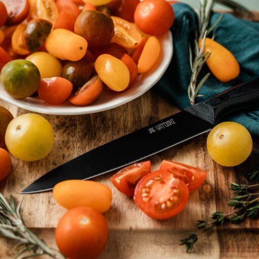 Yatoshi 13 Piece Knife Block - Onyx Black Titanium Nitride Coating- Ultra Sharp High Carbon Stainless Steel - Black Pakkawood Ergonomic Handle - Image 6