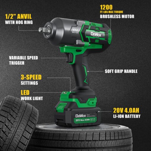 DOWOX Cordless Impact Wrench 1/2 Inch, High Torque 1200 Ft-lbs Brushless Impact Gun, 20V Power 4.0 Ah Battery, Fast Charger, 5 Pcs Sockets and Tool Box Kit - Image 2