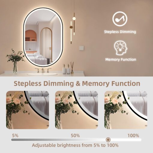 STARLEAD 24"x36" LED-Bathroom-Mirror-with-Lights, Wall-Mounted with Bluetooth, Anti-Fog, 3 Color Temperature Dimmable Brightness, Waterproof, Tempered Glass, Frontlit & Backlit, Black Frameless Oval - Image 4