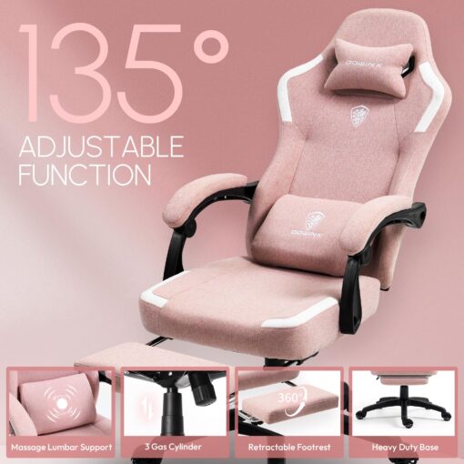 Dowinx Fabric Gaming Chair with Pocket Spring Cushion,Breathable Computer Chair with Massage Lumbar Support and Footrest,High Back Game Office Chair for Adult,Pink - Image 5