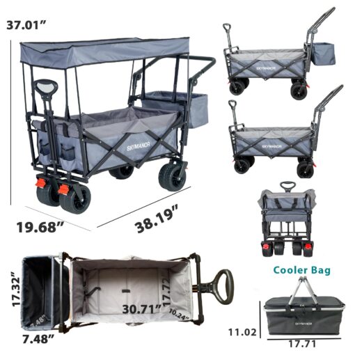 SKYMANOR Collapsible Wagon Folding Garden Cart with Removable Canopy Utility Wagon Cart with All-Terrain Wheels 4 Brake Beach Cart Heavy Duty Beach Wagon for Camping (Light&Dark Gray Splicing) - Image 5