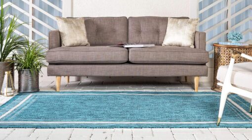 Unique Loom Outdoor Border Collection Area Rug - Soft Border (8'x 11' 4" Rectangle, Teal/ Ivory) - Image 8