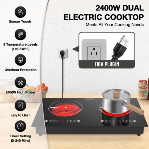 VBGK 2 Burner Electric Cooktop,110V 2400W Electric Stove Top with Touch Control,9 Heating Level,Timer & Kid Safety Lock,Built-in Radiant Double Induction Cooktop - Image 8