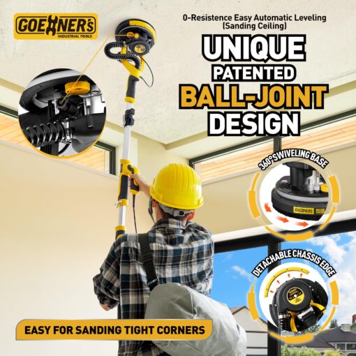Drywall Sander, Electric Drywall Sander with Vacuum, 6 Variable Speed, 900-1800RPM, Labor-Saving Handle and Patented Fixture for Ceiling Sanding, LED Light, 14ft Dust Hose,26ft Power Cable,Storage Bag - Image 5