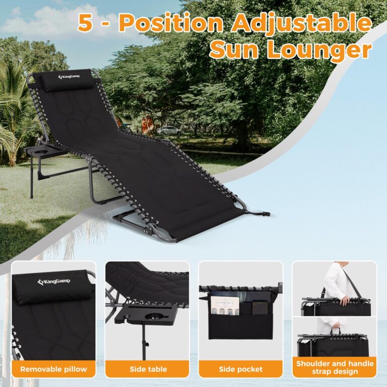 KingCamp Oversize Padded Folding Chaise Lounge Chair for Outdoor, Patio, Beach,Lawn, Sunbathing, Tanning Reclining Chairs with Pillow & Side Table（2 Pack, Black） - Image 5