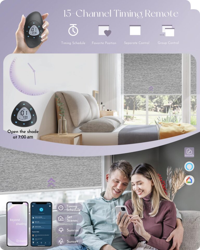 Graywind Smart Blackout Roller Shades Compatible with Alexa Google Textured Gleaming Fabric Rechargeable Motorized Blinds Cordless Remote Control Window Shades, Custom Size (Striped Grey) - Image 5