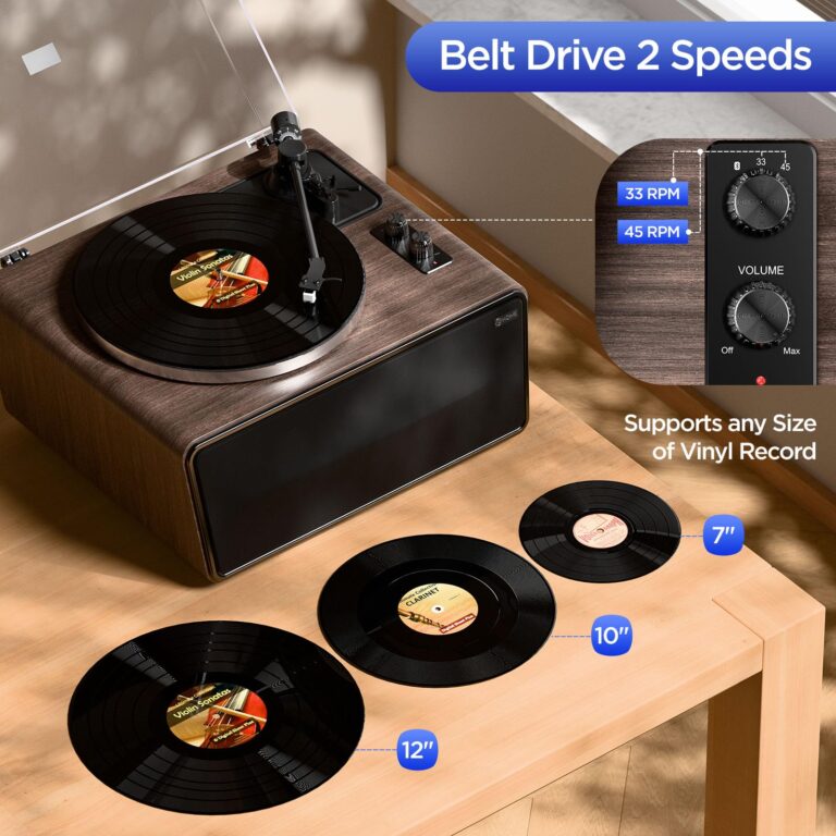 All in One Vinyl Record Player, Bluetooth Turntable with Built in 4 Stereo Speakers Phono Preamp, High Fidelity Turntables for Vinyl Records with Magnetic Cartridge AT-3600L MM, Belt Drive 2-Speed - Image 6