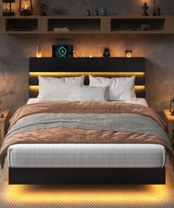 Feonase Floating Bed Frame Full with Led Lights and Charging Station, Wood Full Size Bed Frame with Storage Headboard, Heavy Duty Metal Slats, No Box Spring Needed, Easy Assembly, Noise-Free, Black