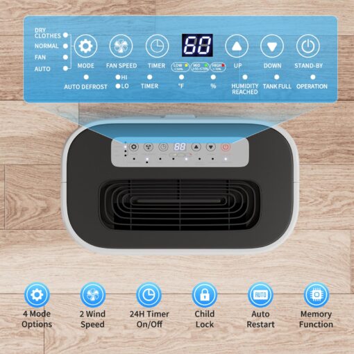 TOTTE 90 Pint Dehumidifier with Drain Hose, 4 Option Modes, 2 Fan Speed, Auto Shut Off, 24H Timer, Auto Defrost, 6000 Sq.Ft Quiet Dehumidifiers for Home, Basement, Bedroom,Bathroom, RV - Image 2
