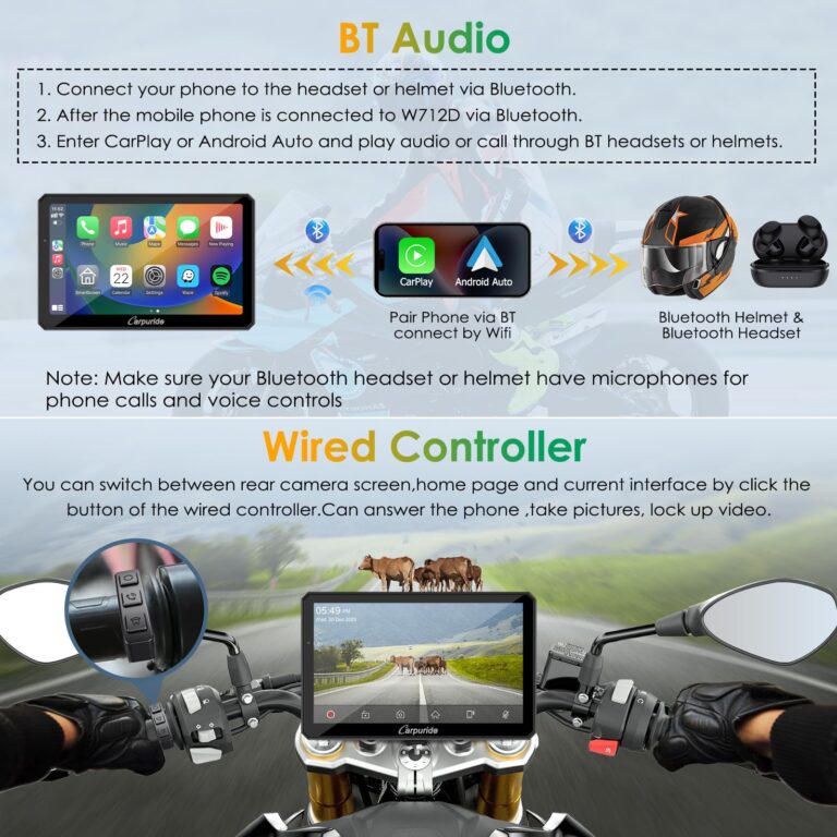 Carpuride W712D Motorcycle Carplay Screen with HD 1080P Dual Dash Cam, Wireless Car Play and Android Auto, 7" Waterproof Rotatable Navigation Touchscreen, Loop Recording, Bluetooth, Wired Controller - Image 7