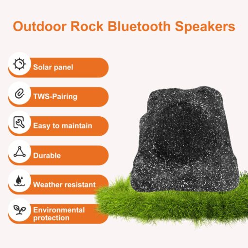 STUDIOFINIX 6.5" Rock Speakers Outdoor Waterproof - 5.3 Bluetooth Wireless Speaker Solar Powered Max Peak 200W for Garden,Patio,Deck,Pool,Backyard (Gray 1 Pair) - Image 5