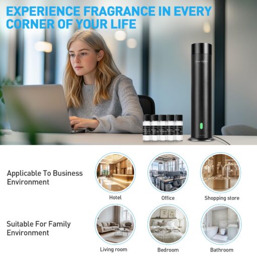 Waterless Scent Diffuser Starter Kit - 800 Sq Ft Coverage, Hotel Scent Diffuser, Essential Oil Diffuser Large Room, Included 5 Scent Oils, Remote Control, Black, 11.20In - Image 3