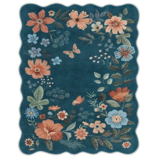 Lahome Floral Washable 6x9 Area Rugs, Soft Bedroom Rug for Living Room Ultra-Thin Non Slip Dining Room Rug, Stain Resistant Boho Blue Rugs Easy Clean Throw Carpet for Office(6'x9',Navy Blue) - Image 2