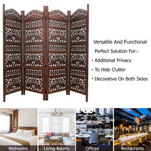 Room Divider Wood Screen - Elephant Hathi Walnut Brown - 4 Panel Fording 72x80 - Intricate Carved Room Décor Boho Portable Partition Privacy Screen Small Spaces Reversible Freestanding - COTTON CRAFT - Image 4