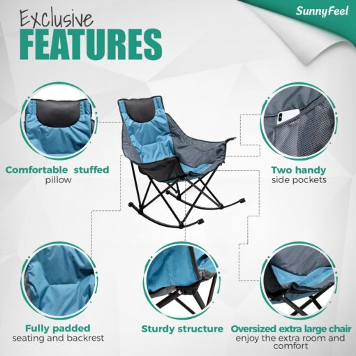 SUNNYFEEL Rocking Camping Chair, Luxury Padded Recliner, Oversized Folding Lawn Chair with Pocket, Heavy Duty for Outdoor/Picnic/Lounge/Patio, Portable Camp Rocker Chairs with Carry Bag - Image 3