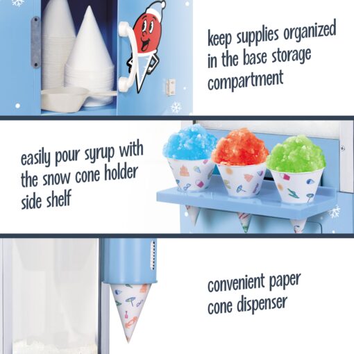 Nostalgia Snow Cone Shaved Ice Machine - Retro Cart Slushie Machine Makes 72 Icy Treats - Includes Metal Scoop, 2 Syrup Bottles, 100 Paper Cups/Spoons, Storage Compartment, Wheels - Blue, 54" Tall - Image 6