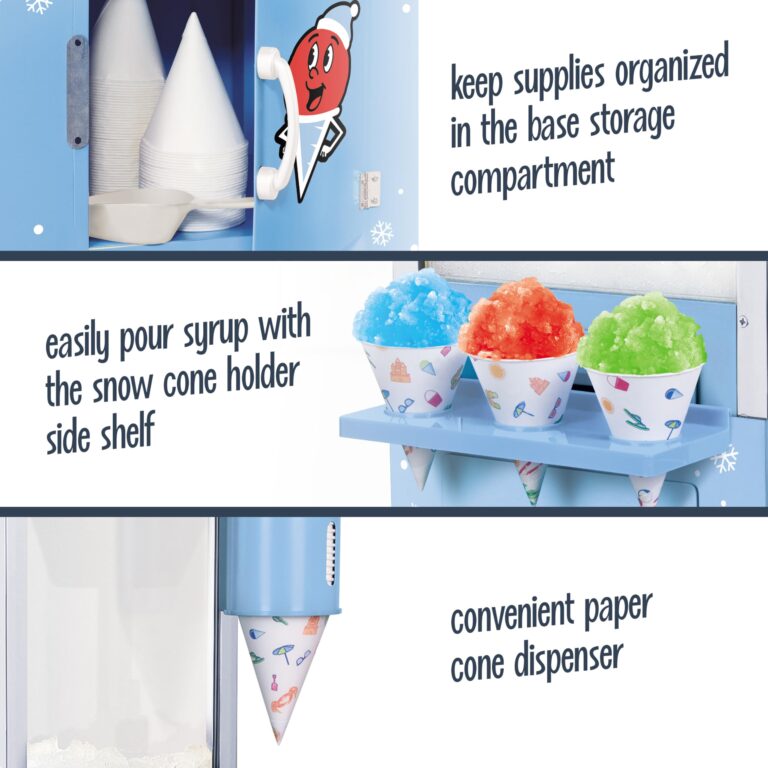 Nostalgia Snow Cone Shaved Ice Machine - Retro Cart Slushie Machine Makes 72 Icy Treats - Includes Metal Scoop, 2 Syrup Bottles, 100 Paper Cups/Spoons, Storage Compartment, Wheels - Blue, 54" Tall - Image 6