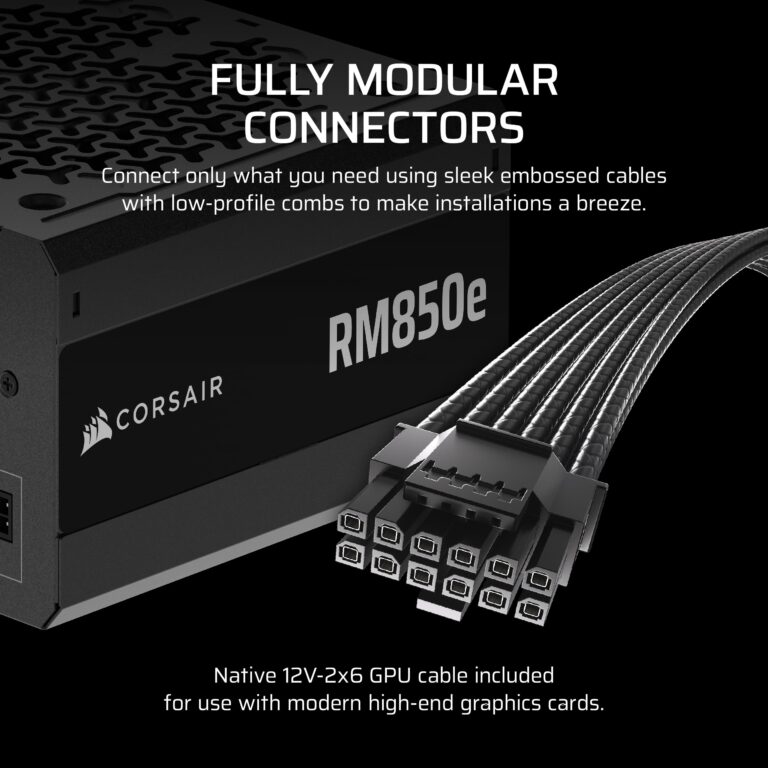 CORSAIR RM850e (2025) Fully Modular Low-Noise ATX Power Supply with 12V-2x6 Cable – ATX 3.1 & PCIe 5.1 Compliant, Cybenetics Gold Efficiency, 105°C-Rated Capacitors, Modern Standby Mode – Black - Image 5