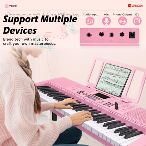 Vangoa Pink Piano Keyboard 61 Key, Electric Keyboard Kit Portable Music Keyboard for Kids Students with Microphone, 600 Tones, 400 Rhythms, 50 Demos, Gift for Beginners - Image 3