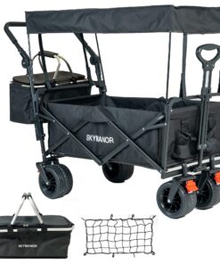 SKYMANOR Collapsible Wagon Folding Garden Cart with Removable Canopy Utility Wagon Cart with All-Terrain Wheels Brake Beach Cart for Sand Heavy Duty Beach Wagon for Camping Shopping (Black)