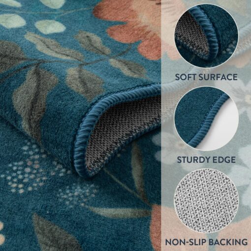 Lahome Floral Washable 6x9 Area Rugs, Soft Bedroom Rug for Living Room Ultra-Thin Non Slip Dining Room Rug, Stain Resistant Boho Blue Rugs Easy Clean Throw Carpet for Office(6'x9',Navy Blue) - Image 3