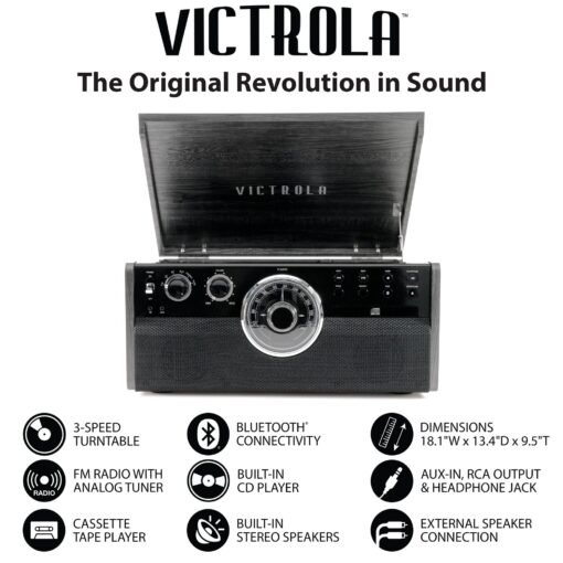 Victrola Mid Century 6-in-1 Bluetooth Record Player and Multimedia Center with Built-in Speakers - 3-Speed Turntable, CD and Cassette Player, AM/FM Radio Wireless Music Streaming Grey - Image 4