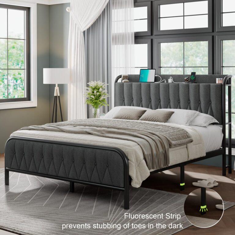 Feonase Linen Queen Bed Frame with Fast Charging Station,Queen Metal Platform Beds with Upholstered Headboard & Footboard,12" Underbed Storage Space,Easy Assembly,Noise-Free,Black Gray - Image 6