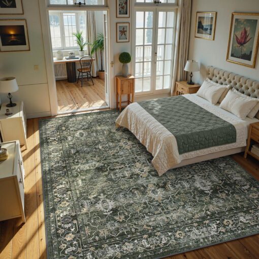 Lahome Boho Green Area Rugs 9x12 Living Room,Washable Large Rugs for Bedroom Aesthetic,Vintage Distressed Non Slip Low Pile Dining Room Rug Carpet for Home Office Playroom(9'x12',Green) - Image 8