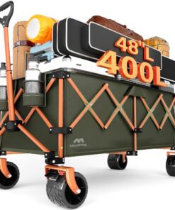 Moothing 48”L Foldable Wagons Carts Extended, Collapsible Folding Wagon 500lbs Heavy Duty, 400L Large Beach Wagon, Utility Wagon with All Terrain Big Wheels for Sports, Camping, Grocery, Garden, Green