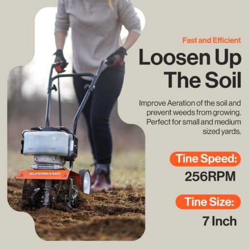 SuperHandy 52cc 2 Stroke Gas Mini Tiller Cultivator - 1.8HP, 4 Adjustable Steel Tines, Forward Rotation, 10" Tilling Width - Ideal for Garden, Lawn, Soil Cultivation, Weed & Digging - Image 4