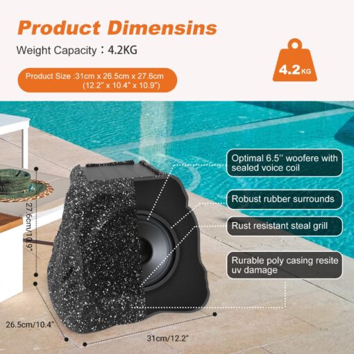 STUDIOFINIX 6.5" Rock Speakers Outdoor Waterproof - 5.3 Bluetooth Wireless Speaker Solar Powered Max Peak 200W for Garden,Patio,Deck,Pool,Backyard (Gray 1 Pair) - Image 7