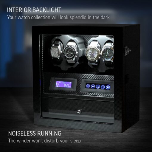 4 Watch Winder with 5 Watch Storage Space, LCD Display, Touch Control and Interior Light (Carbon + Black) - Image 6