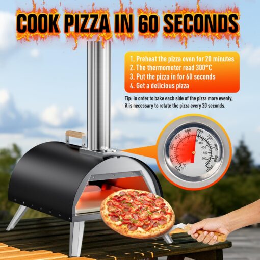Multi-Fuel Pizza Oven Outdoor, 12" Portable Wood and Gas Fired Pizza Oven with Thermometer,Gas Hose & Pizza Stone,Heats up to 1000°F,Stainless Steel Pizza Oven for Backyard or Camping (Black) - Image 9